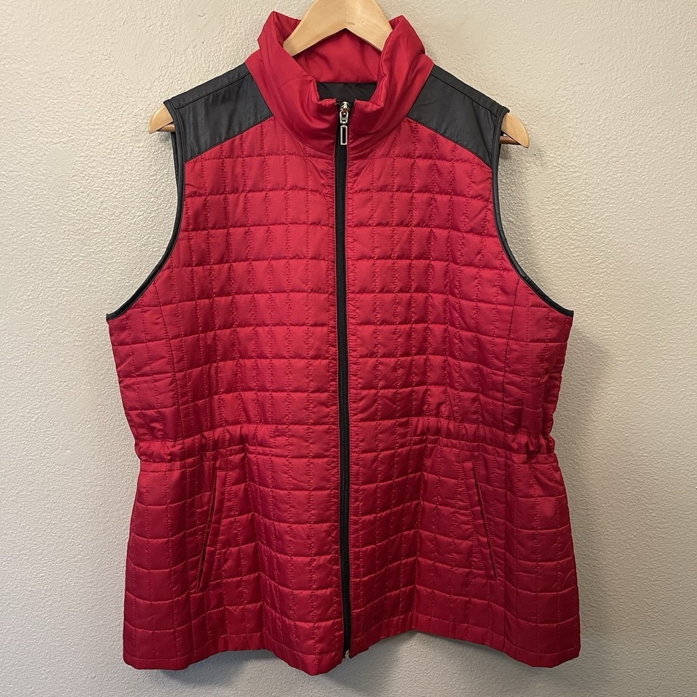Susan‎ Graver Weekend Quilted Vest Red Black Faux Leather Light Travel Sz 1X EUC